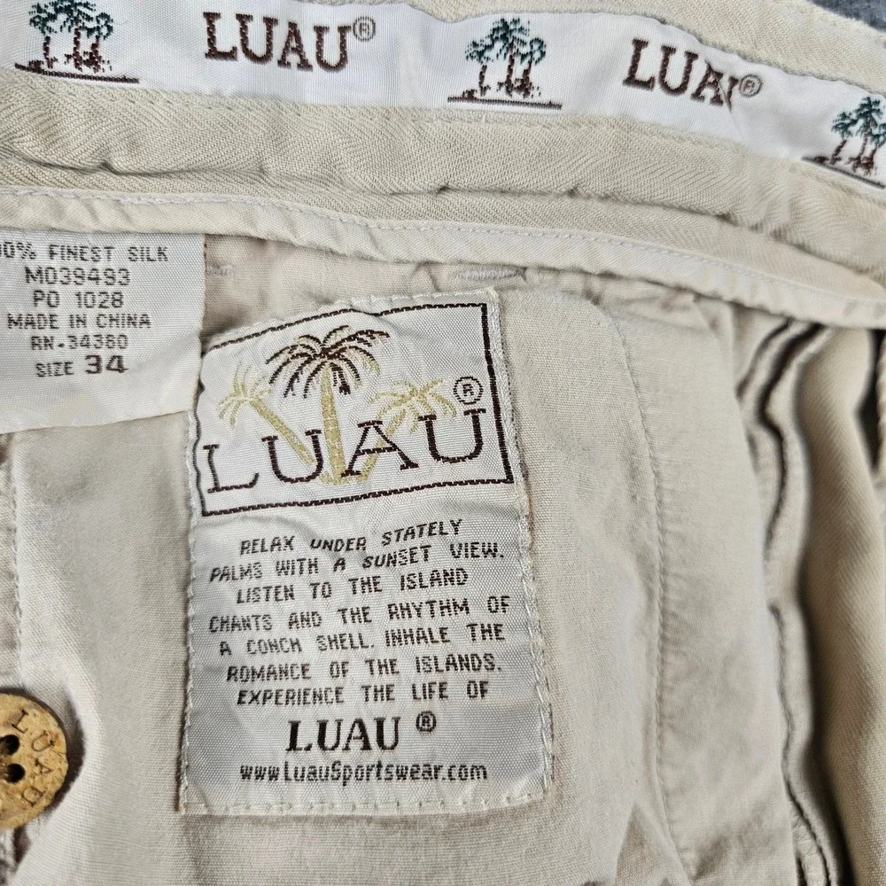 LUAU Mens 34 Silk Pleated Trousers Tan Khaki Herringbone Relaxed Island Pants